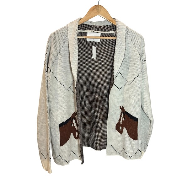 Panache Apparel Sweaters - Panache Apparel Horse‎ Knit Cardigan Sweater Cream Brown XL Shawl Collar Western